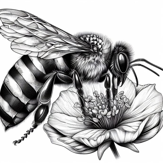 نقاشی زنبور روی گل سیاه و سفید