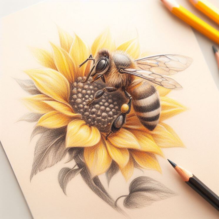 نقاشی زنبور روی گل آفتابگردان